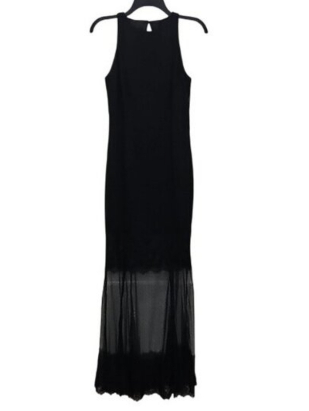 Aidan Mattox Black Illusion Crepe Sleeveless Maxi Length Gown Sheer Lace Skirt